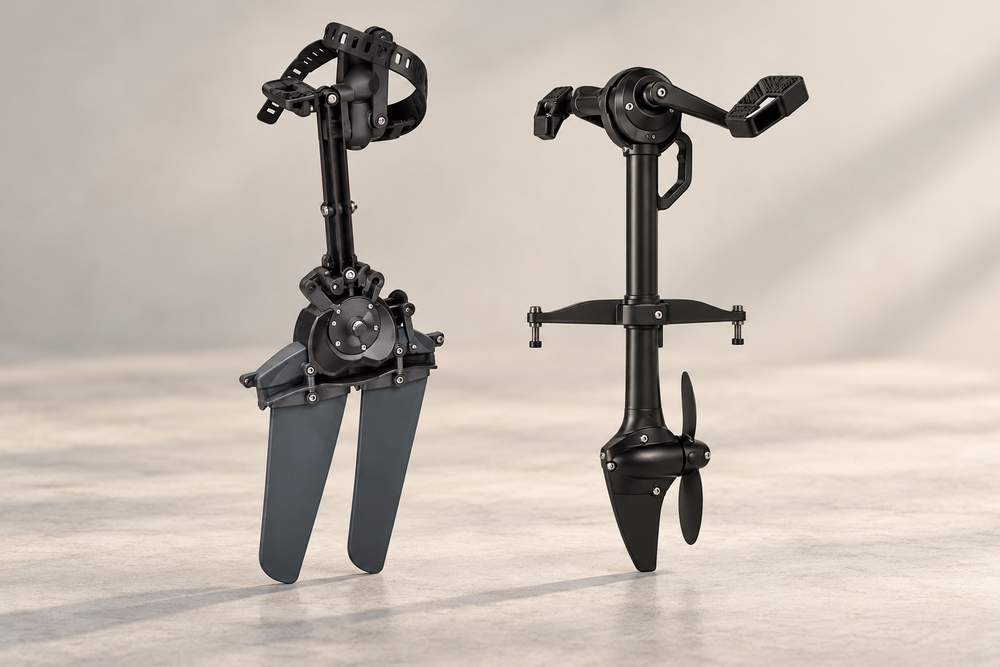 Fin pedal drive beside a propeller pedal drive