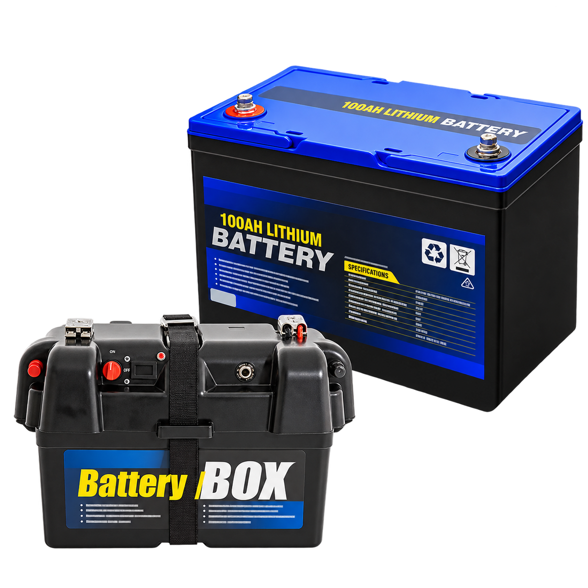 12V 100Ah lithium battery and black battery box bundle