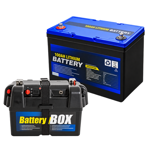 12V 100Ah lithium battery and black battery box bundle