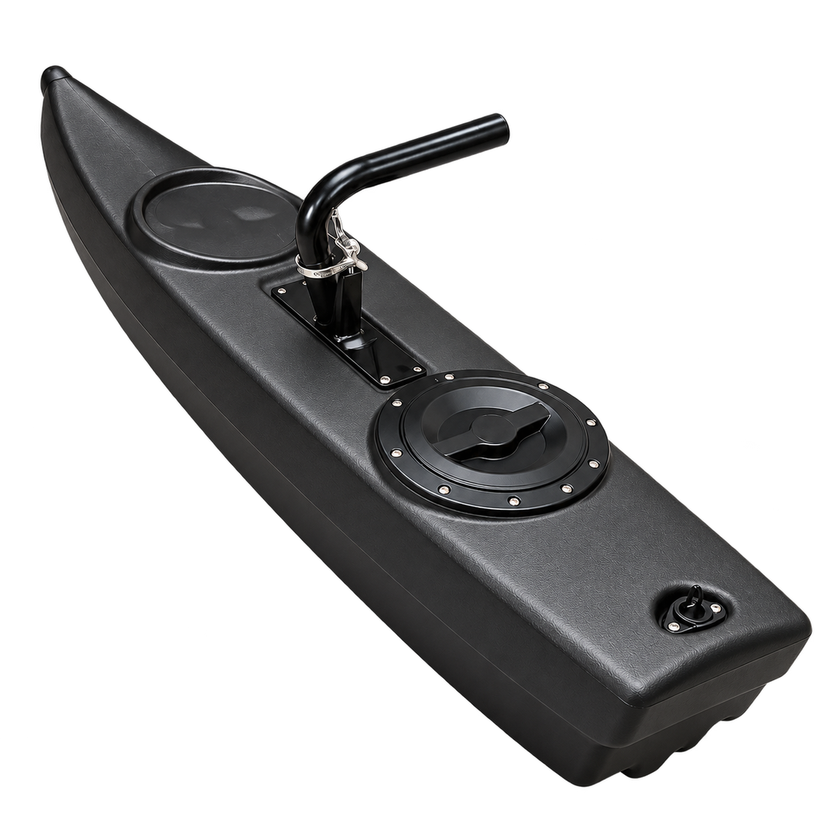 Black PORTL stabiliser float detail showing the moulded bow, screw hatch, mounting plate and silver clamp