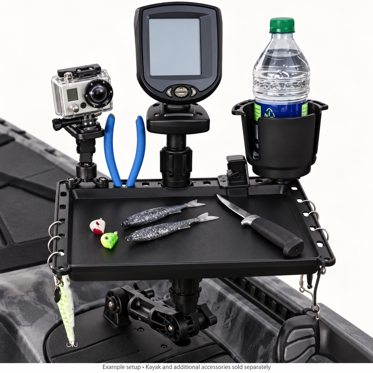 PORTL bait board mounted on a fishing kayak; kayak and additional accessories shown are sold separately
