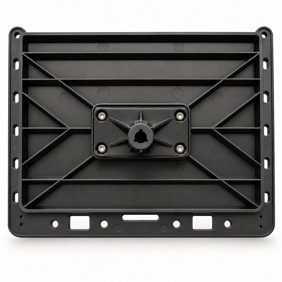 Underside of PORTL kayak bait board showing reinforced ribs and central mounting connection