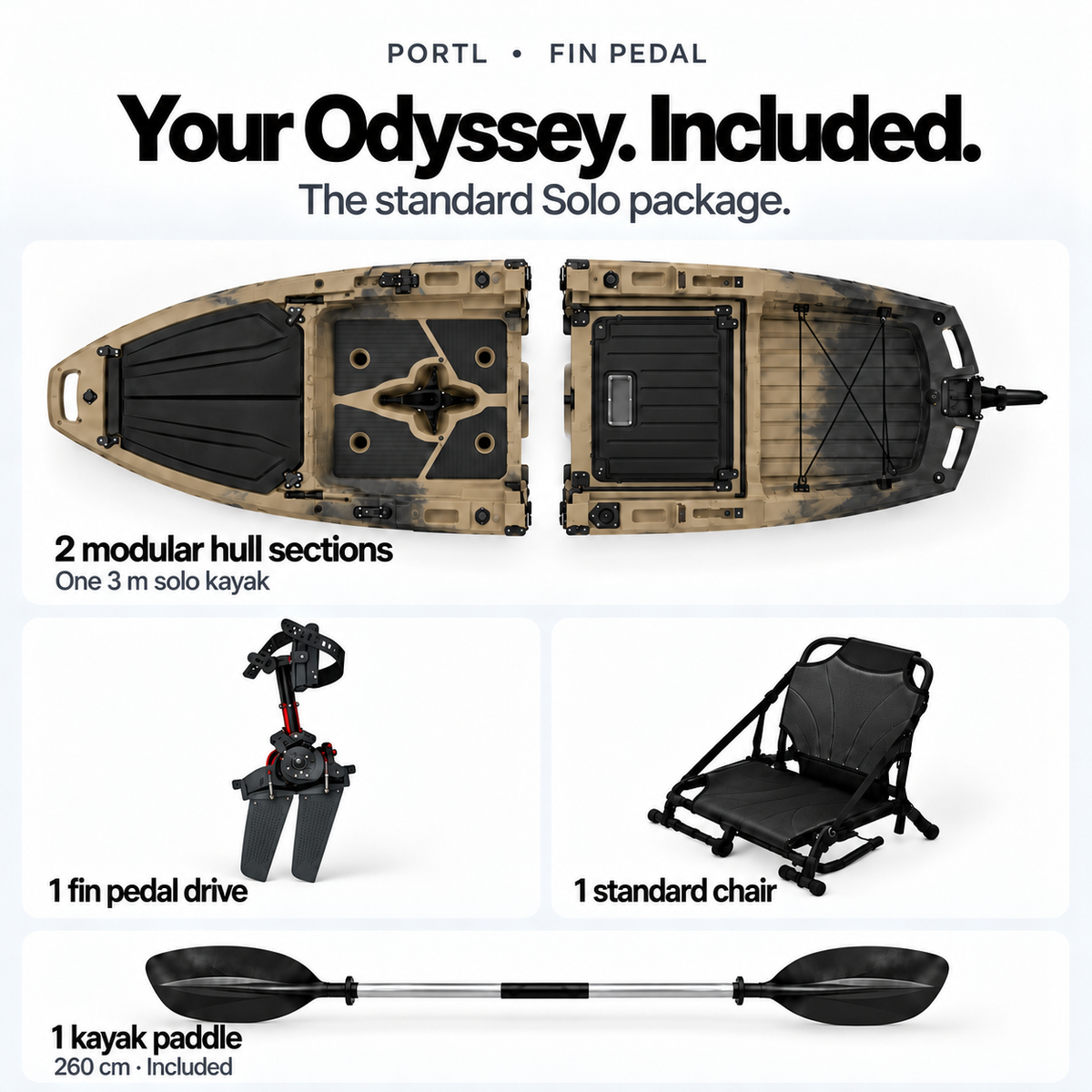Odyssey Solo standard package: 2 hull sections, fin pedal drive, chair and paddle