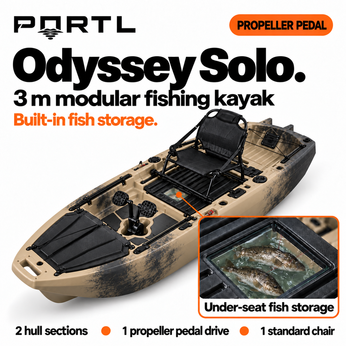 Odyssey Solo propeller pedal hero with under-seat fish storage