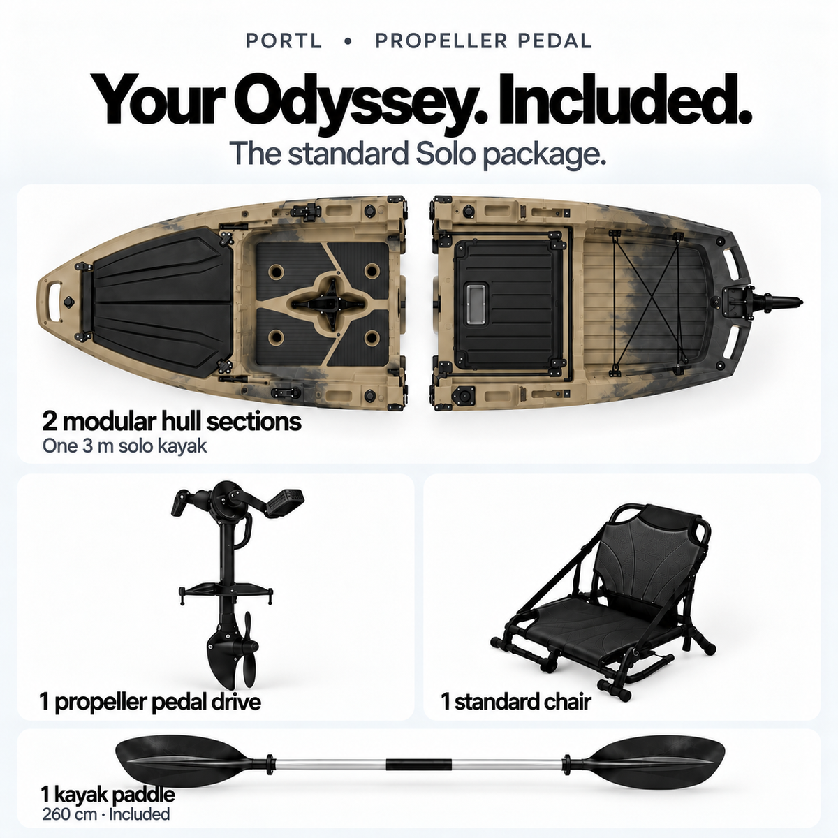 Odyssey Solo standard package: 2 hull sections, propeller pedal drive, chair and paddle