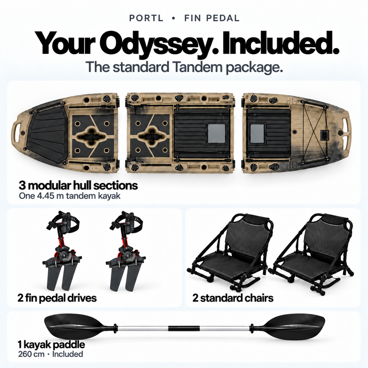 Odyssey Tandem standard package: 3 hull sections, 2 fin pedal drives, 2 chairs and 1 paddle