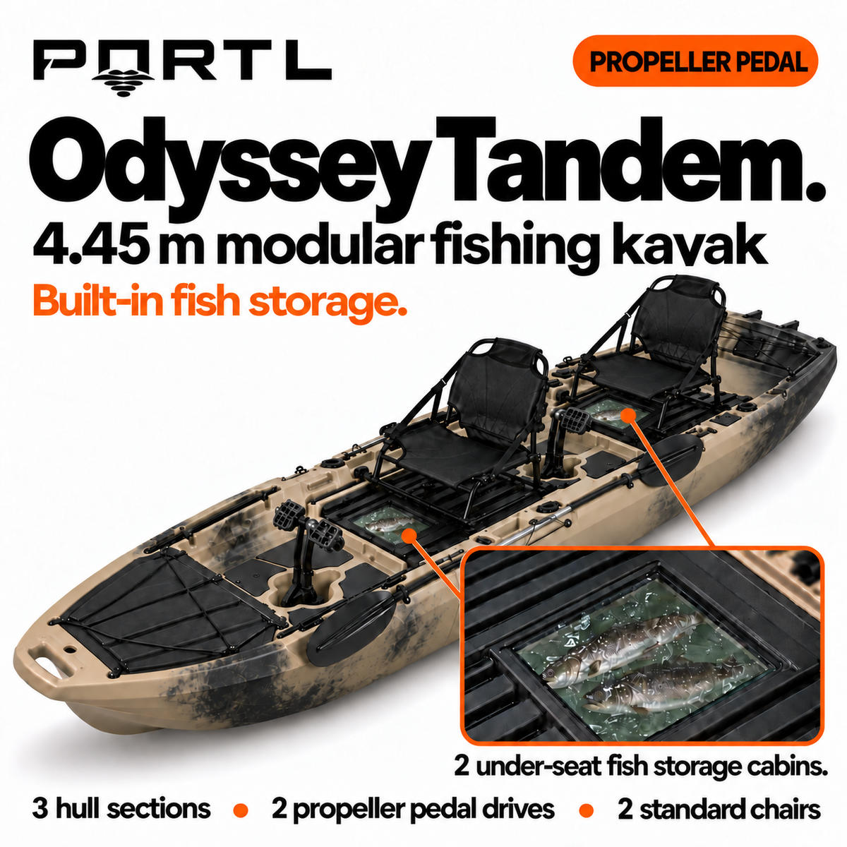 Odyssey Tandem propeller pedal hero with two under-seat fish storage cabins