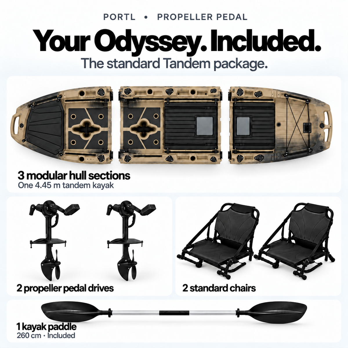 Odyssey Tandem standard package: 3 hull sections, 2 propeller pedal drives, 2 chairs and 1 paddle