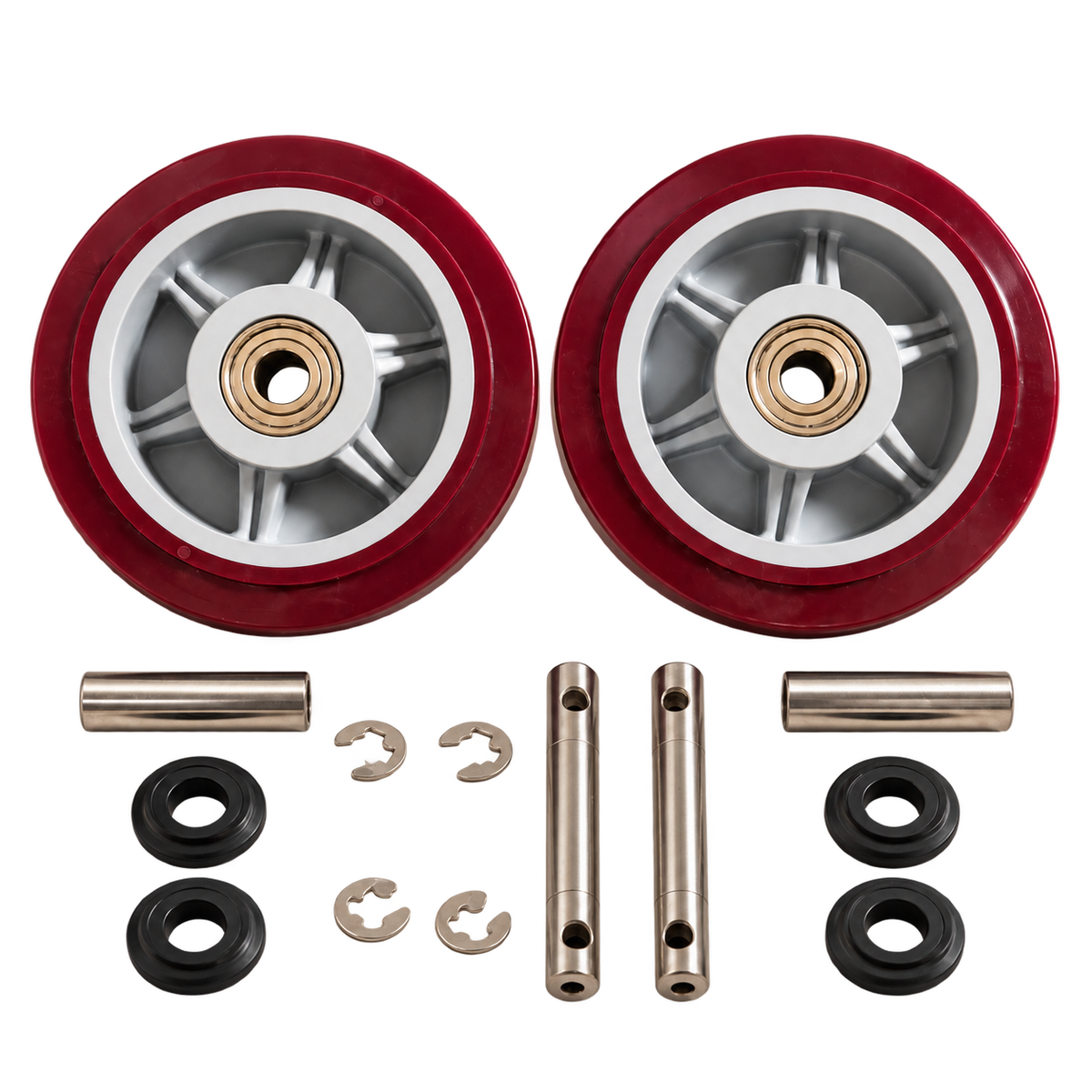 Odyssey transport wheel kit with two wheels and mounting hardware on a transparent background
