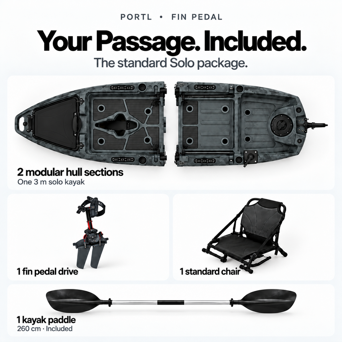 Passage Solo fin pedal package: two hull sections, one drive, chair and 260 cm paddle