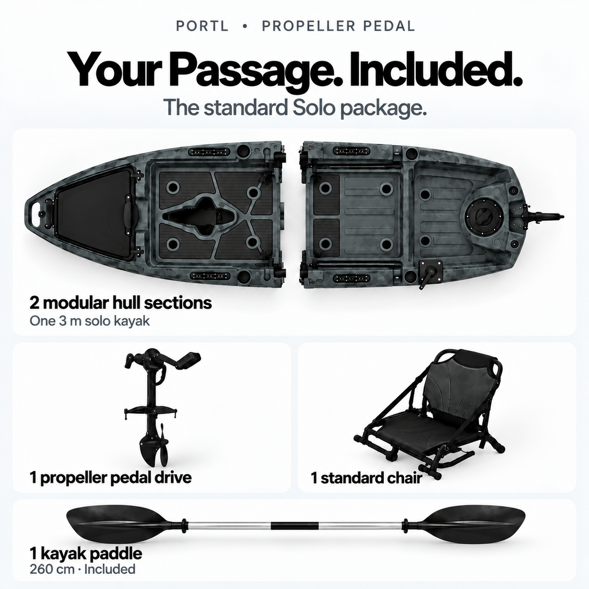 Passage Solo propeller package: two hull sections, one drive, chair and 260 cm paddle