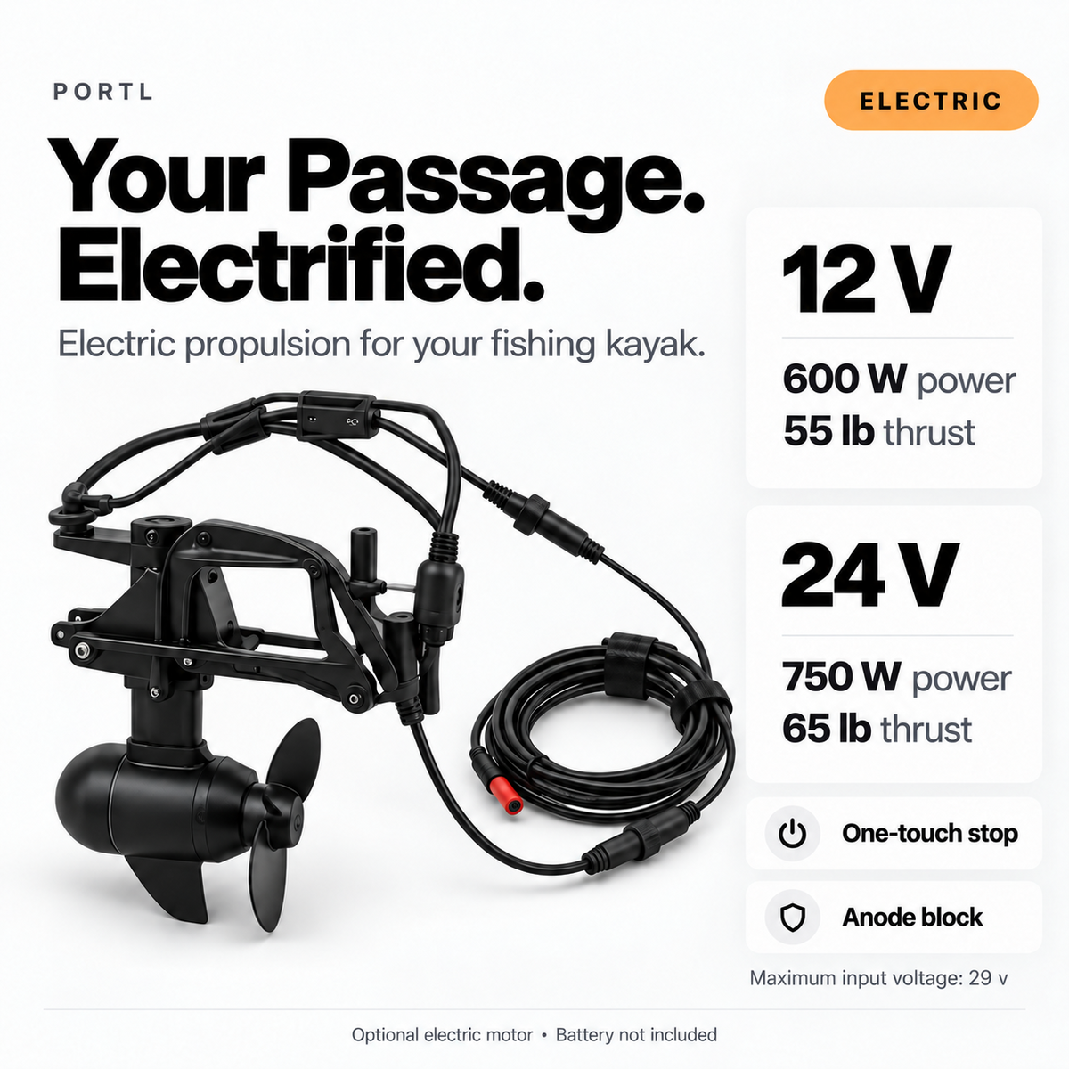 Optional PORTL electric kayak motor specifications and features