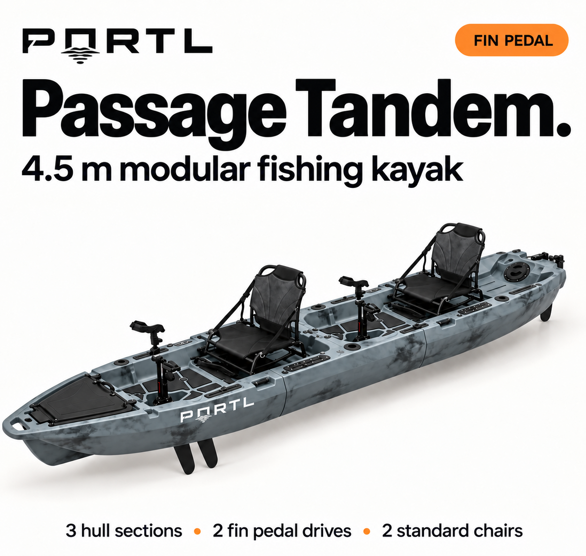 PORTL Passage Tandem 4.5 m fishing kayak with two fin pedal drives and standard chairs
