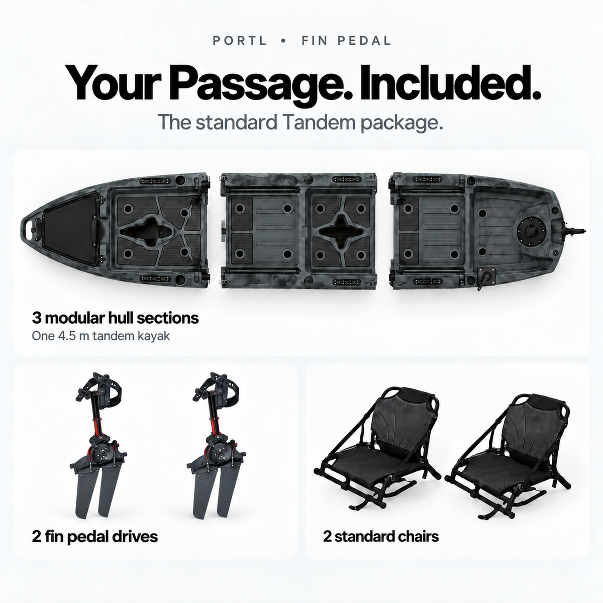 Passage Tandem fin pedal standard inclusions: three-part hull, two fin pedal drives and two standard chairs