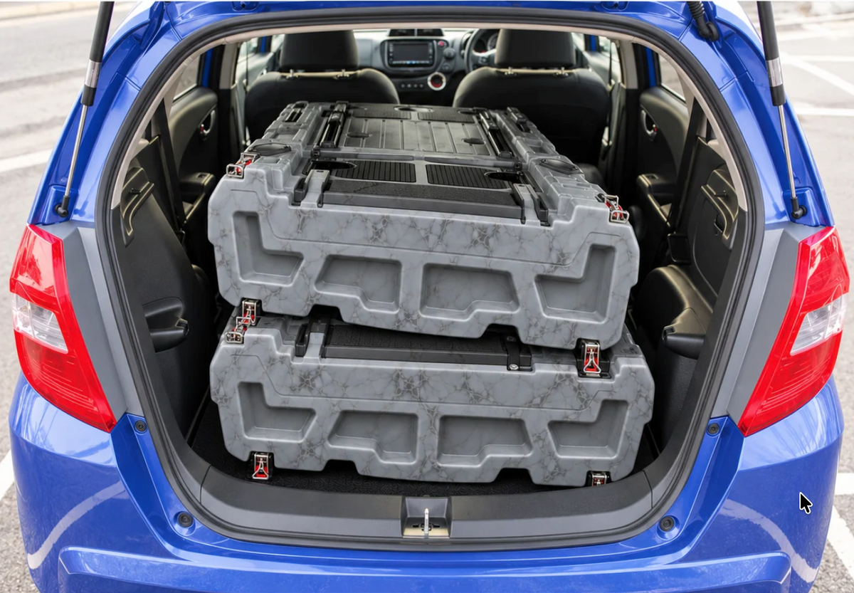 PORTL Solo modular kayak hull sections stacked inside a small blue hatchback