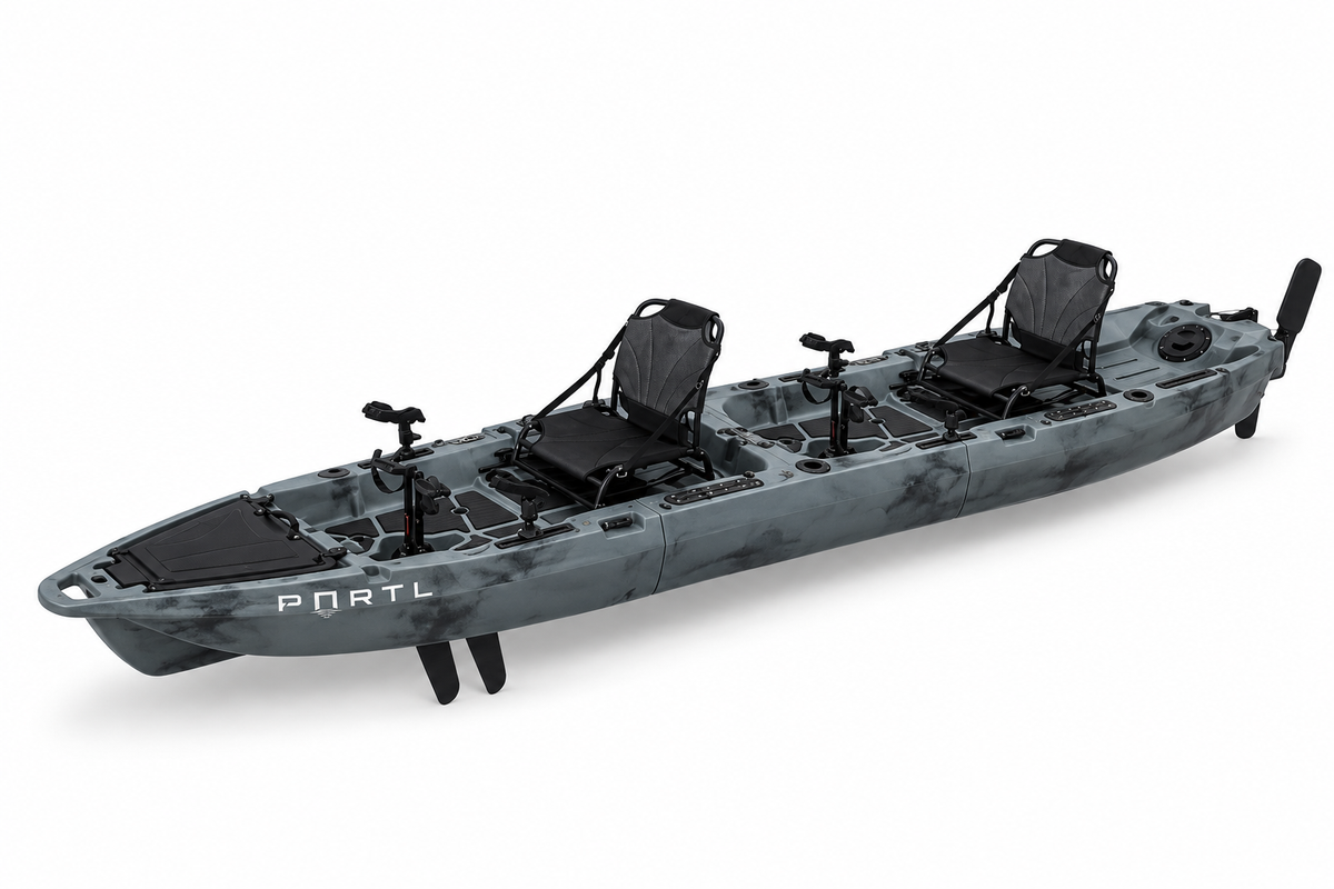 PORTL Passage Tandem modular fishing kayak with 2 standard mesh chairs and fin pedal propulsion